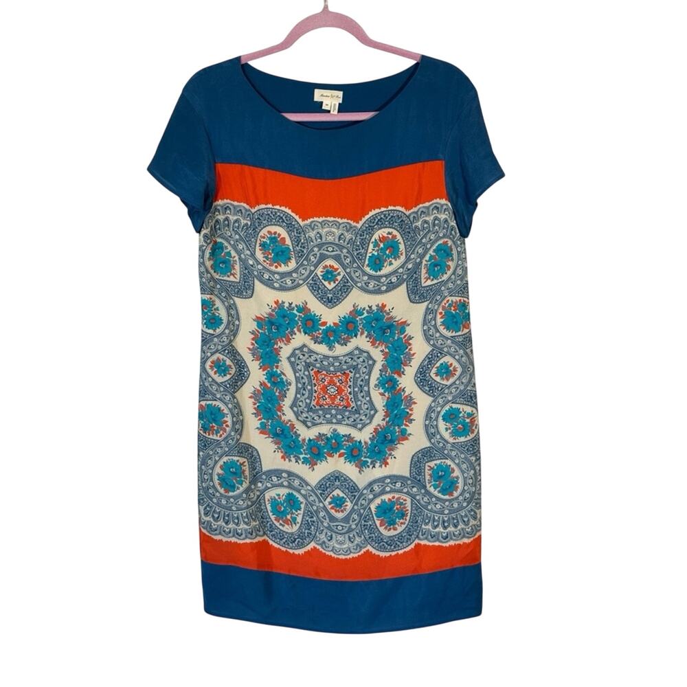 Meadow Rue Blue Silk Mini Shift Dress Women XS Boho Spring Natural Fibers Damage